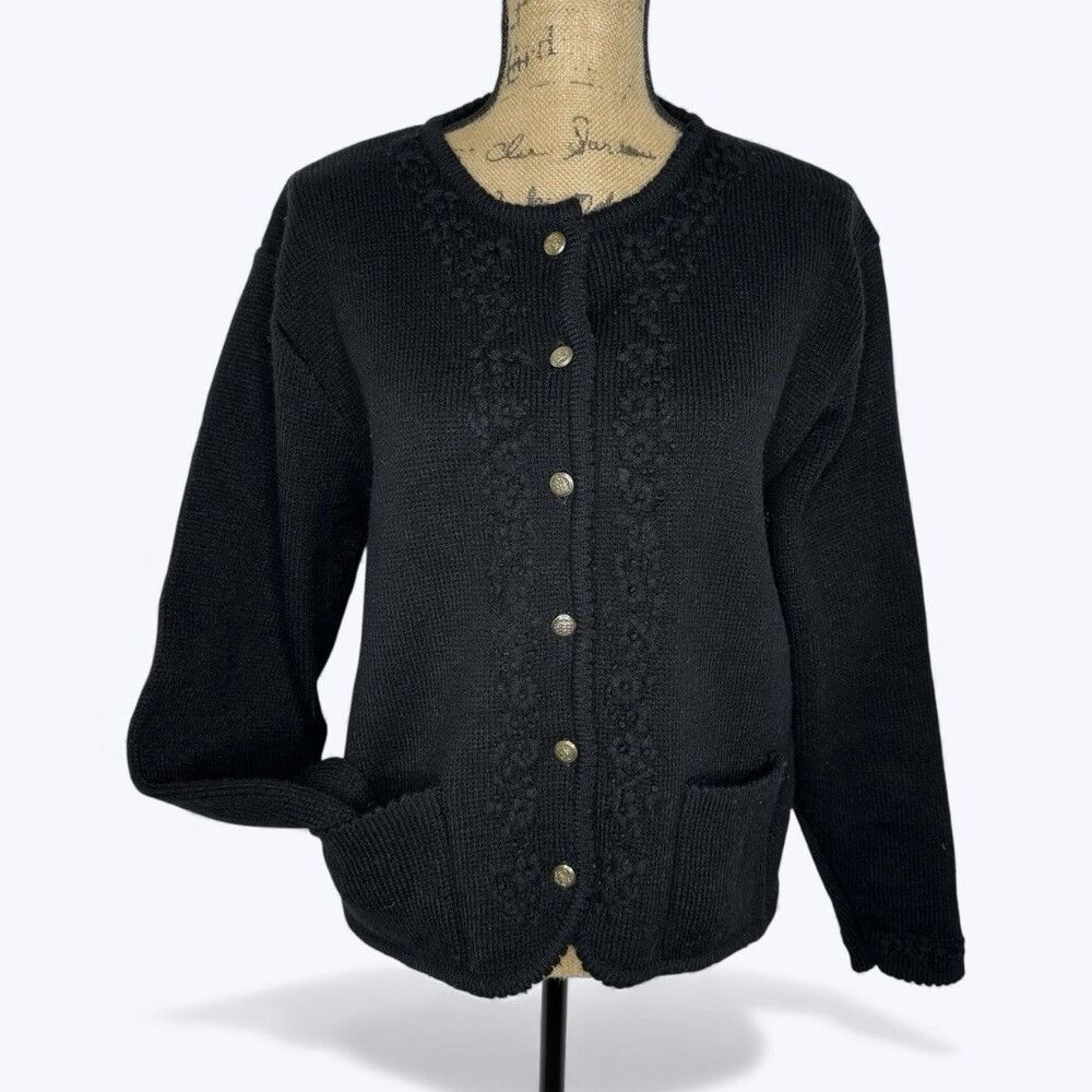 Vtg Tally Ho Cardigan Sweater Sz L Floral Gold Crest Buttons Old Money Preppy
